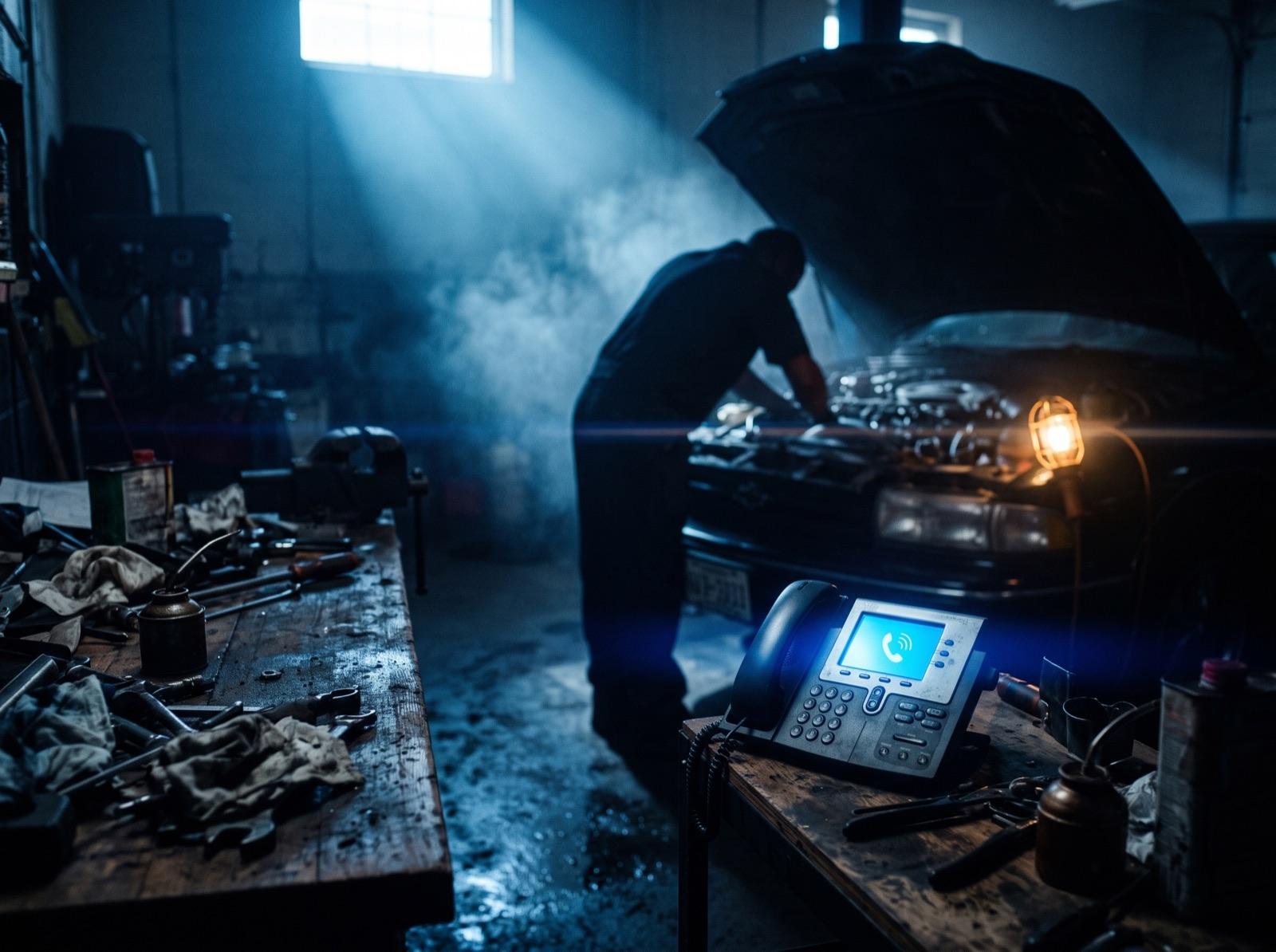 A shop phone ringing unanswered on a workbench while a mechanic works under the hood of a car in the background